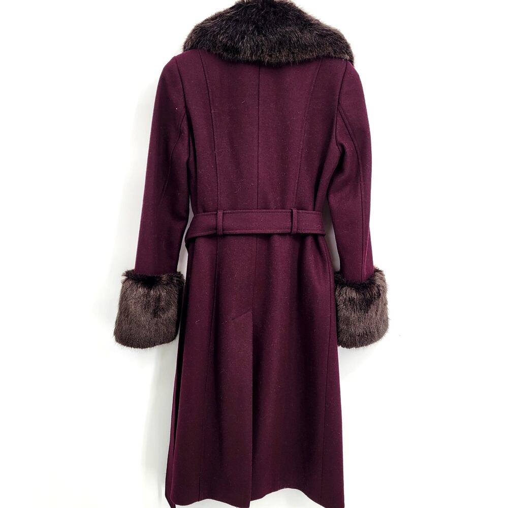 French Connection XS Fur Coat Collar Single Breasted Midi Maxi Purple Wine - Picture 6 of 7